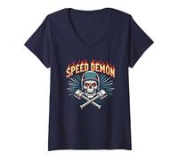 Speed Demon Hot Rod Skull for Men Racing Enthusiasts V-Neck T-Shirt, Women, Navy, S