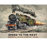 Speed To The West Train Wales - A4 Vintage Poster Travel City Theme Retro Wall Art with Landmarks from Around the World Beautiful Decoration for Home and Office