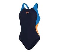 Speedo Colourblock Splice Muscleback Swimsuit UK 32, Navy - Blue - Orange, 36