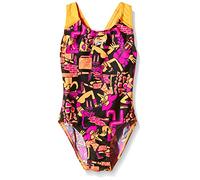 Speedo Girl's All-Over Splash Back Print 24 Swimsuit - Black/Ecstatic/Papaya Punch, Size 24