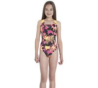 Speedo Girl's Allover Splashback Print 45 Swimsuit - Black/Ecstatic/Papaya Punch, Size 24