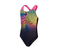 Speedo Girl's Digital Placement Splashback Swimsuit | Chlorine Resistant | Printed Design | Swiming LeSons, Black/Lemon Drizzle/Flare, 11-1211-12
