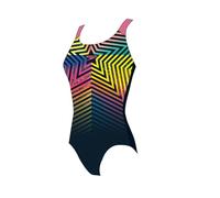 Speedo Girls Digital Placement Splashback Swimsuit | Chlorine Resistant | Printed Design | Swimming Lessons, Black/Lemon Drizzle/Flare, 11-12