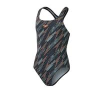 Speedo Girls Hyperboom Allover Medalist One Piece Swimsuit | Chlorine Resistant | Quick Drying, Black/Country Green Nectarine, 5-6