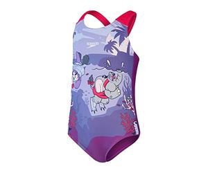 Speedo Girls Learn to Swim Printed Crossback Swimsuit | Chlorine Resistant | Recycled Fabric | Stretchy Fabric Swimwear, Magic Sangria/Sweet Taro/Helli, 2YRS