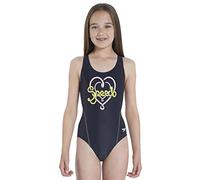 Speedo Girl's Logo Placement Splashback Swimsuit - Navy/Wild Lime/Pink Splash, Size 24