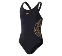 Speedo Junior Girls Placement Muscleback Swimsuit Black Nectarine/Country Green 13/14Y
