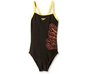 Speedo Girl's Placement Thin Strap Muscle Back Print 42 Swimsuit - Black/Ecstatic/Papaya Punch, Size 24