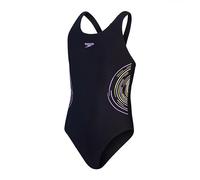 Speedo Girls Placmement Muscleback Swimming Costume Black Sweet Purple Lemon Drizzle Size Girls 9/10 Years