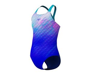 Speedo Girls Print Powerback Swimsuit Swimming Costume Deep Sapphire/Mayan Blue Size 15-16 Years