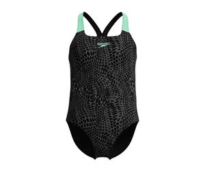 Speedo Girls Snake Print Powerback One Piece Swimsuit (Black/Green)