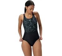 Speedo Women's Hyperboom Placement Muscleback Swimsuit | Quick Drying | Training | Fitness | Chlorine Resistant Swimwear, Black/Alfalfa Green, 42