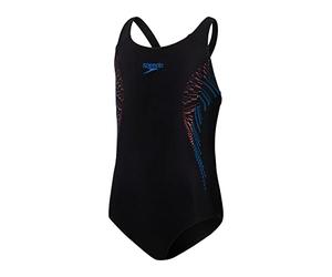 Speedo Junior Girl's Plastisol Placement Muscleback Swimsuit, Black/Siren Red/Blue Flame, 5-6 Years