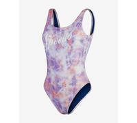 Speedo Printed Logo Deep U-Back Swimsuit Pastel Lilac Red White Women - 34