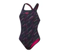 Speedo Women's Boom Logo Allover Medalist Swimsuit | Quick Drying | Fitness | Lined | Chlorine Resistant Swimsuit, Black/Electric Pink/USA Ch, 28