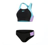 Speedo Womens Colourblock Splice 2 Piece Swimming Costume Black Sweet Purple Picton Blue Size 40