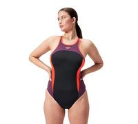 Speedo Women's High Neck Splice Cross back Swimsuit Swimming Costume with Bust Support Black Red Size UK 44