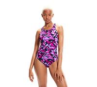 Speedo Women's Hyperboom Allover Medalist Swimsuit,Quick Drying, Fitness, Chlorine Resistant, True Navy/Berry/Miami Lilac, 38