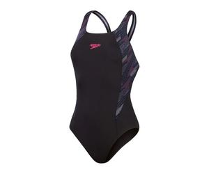 Speedo Women's Hyperboom Splice Muscleback Swimsuit | Classic Design | Quick Drying | Training | Fitness | Chlorine Resistant Swimwear, Black/Electric Pink/USA Ch, 34
