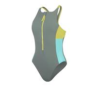 Speedo Women's Zip Colourblock 1 Piece Swimsuit | Swim Fitness | Stylish Design | Soft Feel, Soft Olive, XL