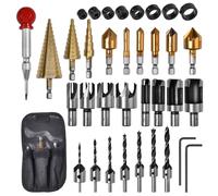 SPEEDWOX 35PCS Woodworking Chamfer Drilling Tools Including Including Countersink Drill Bit Set Countersink Drill Bit Plug Cutters for Woodworking Step Drill Bit and Drill Stop Bit Collar Set
