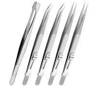 SPEEDWOX 5pcs Diamond Jewelers Tweezers Holder Pick Up Tool Precision Tweezers Stainless Steel Pointed Tip with Slide Locking and Gem Slot for Jewelry Making Straight, Bend and Flat Tip