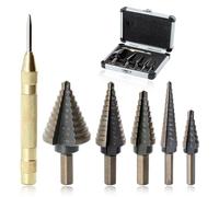 SPEEDWOX 6Pcs Hss Titanium Coated Step Drill Bit Set Cone Drill Bit Kit Drill Set Center Drill Bit with Automatic Center Punch & Aluminum Case for Diy Lovers and Home Use for Metal Wood Plastic