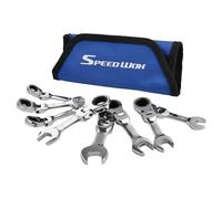 SPEEDWOX 8PCS Flex-Head Stubby Ratcheting Combination Wrench Set with Rolling Pouch Metric 9-17 mm, 72-Teeth Open End Ratchet Wrench Offset Extension CRV, Mirror Polishing