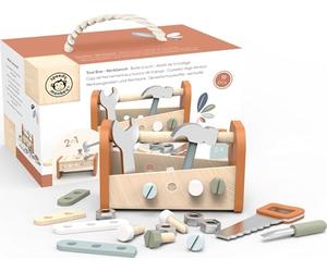 Speedy Monkey 2-in-1 Wooden Toolbox and Workbench for Kids, Toddler Gift | Includes hammer, saw, wrench and more, 2 in 1 toolbox and workbench, Montessori toy for 3 year olds, Kids Tool Set