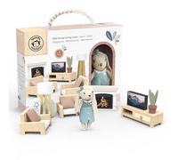 Speedy Monkey Cozy Dollhouse Living Room Playset with Bunny - Miniature FSC Wooden Furniture Sofa, TV - Pretend Play Fully Furnished Farmhouse Accessories for Kid, Toddler, Girl - Doll House Decor Toy