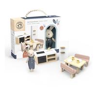Speedy Monkey Doll House Kitchen Playset with Bunny - Miniature FSC Wooden Kitchen Furniture Set - Dining Table, 4 Chairs, Fridge & Accessories - Pretend Play Doll House Decor Toy for Girls Boys