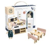 Speedy Monkey Doll House Kitchen Playset with Bunny, Wooden, Toddler Gift | Miniature FSC wooden kitchen set with dining table, 4 chairs, fridge and accessories, pretend play decor