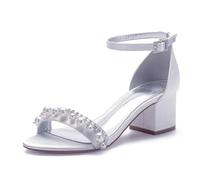Women's Pearls Satin Wedding Shoes for Bride Sexy Open Toe Block Heels Wedding Sandals Bridal Shoes Party Dress Shoes,White,6 UK