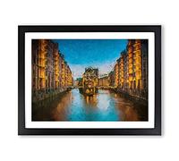 Speicherstadt District In Hamburg In Abstract Modern Art Framed Wall Art Print, Ready to Hang Picture for Living Room Bedroom Home Office Décor, Black A2 (64 x 46 cm)