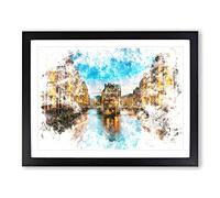 Speicherstadt District In Hamburg Watercolour Modern Framed Wall Art Print, Ready to Hang Picture for Living Room Bedroom Home Office Décor, Black A2 (64 x 46 cm)