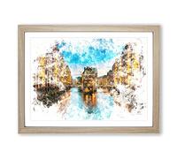 Speicherstadt District In Hamburg Watercolour Modern Framed Wall Art Print, Ready to Hang Picture for Living Room Bedroom Home Office Décor, Oak A2 (64 x 46 cm)