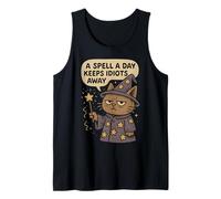 Spell A Day Idiots Away Sarcastic Wizard Cat Funny Graphic Tank Top