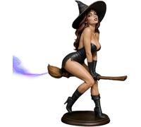 Spellbound Beauty - Attractive Witch Bookshelf Figurine, Gothic Book Shelf Decorations, 6’’Dark Fairy Witch Riding On Magic Broom Figurine,3D Spooky Sculpture for Halloween Home Desk Decor (Black)