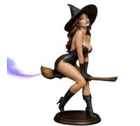 Spellbound Beauty - Sexy Witch Bookshelf Figurine, 6" Hand-Painted Resin Gothic Dark Witch Riding on Magic Broom Mysterious Seductive Hooded Figurine Statue for Halloween Decoration/Gifts/Collectibles