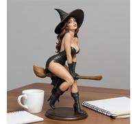 Spellbound Beauty - Sexy Witch Bookshelf Figurine,Gothic Book Shelf Decorations, 6’’Dark Fairy Witch Riding On Magic Broom Figurine, 3D Spooky Sculpture Halloween Decoration