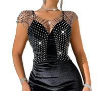 Spelonify for Sparkly Mesh Tank for top with Forked Hem S-XL for Sparkly | Shiny rhinestone detail, fishnet mesh fabric, forked hem design, O-neck sleeveless, party club wear