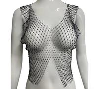Spelonify for Sparkly Mesh Tank for top with Forked Hem S-XL for Sparkly | Shiny rhinestone detail, fishnet mesh fabric, forked hem design, O-neck sleeveless, party club wear