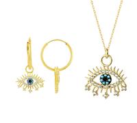 Spero London Evil Eye Earring Blue Eye Sterling Silver Pendant Eyelash Necklace and Earring Set - Gold - Gold