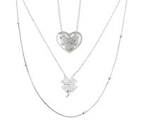 Spero London Heart X Italian Beaded White Clover Sterling Silver Stacking Necklace Set - Silver - Silver