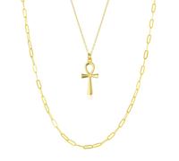 Spero London Sterling Silver Egyptian Ankh and Large Rectangular Chain Stacking Necklace Set - Gold - Gold