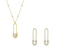 Spero London Sterling Silver Jewelled Safety Pin Necklace With Beaded Chain and Earring Set - Gold - Gold
