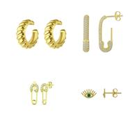 Spero London Sterling Silver Safety Pin Stud Croissant Ear Cuff and Emerald Evil Eye Earrings Set - Gold - Gold