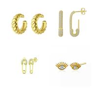 Spero London Sterling Silver Safety Pin Stud Croissant Ear Cuff and Evil Eye Earrings Set - Pair - Gold - Gold
