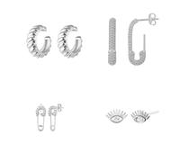 Spero London Sterling Silver Safety Pin Stud Croissant Ear Cuff and Evil Eye Earrings Set - Pair - Silver - Silver