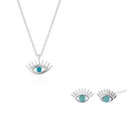 Spero London Turquoise Blue Eye Evil Eye Sterling Silver Necklace and Earrings Set - Silver - Silver